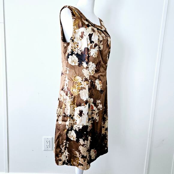 Size 10P Talbots Brown Floral Sleeveless Round Pleated Neck Tank Summer Fall - Picture 16 of 16